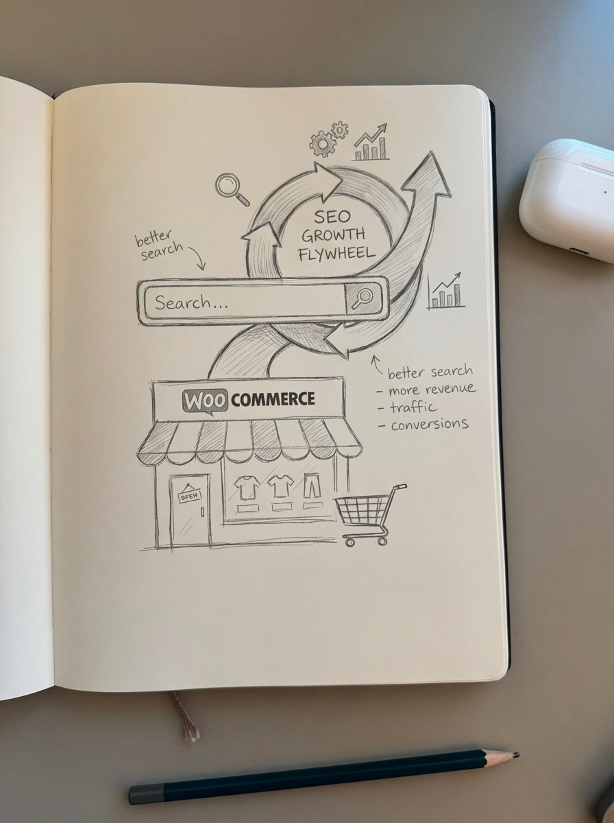 Simple pencil notebook sketch of a WooCommerce storefront with a prominent search bar, illustrating the link between site search and SEO