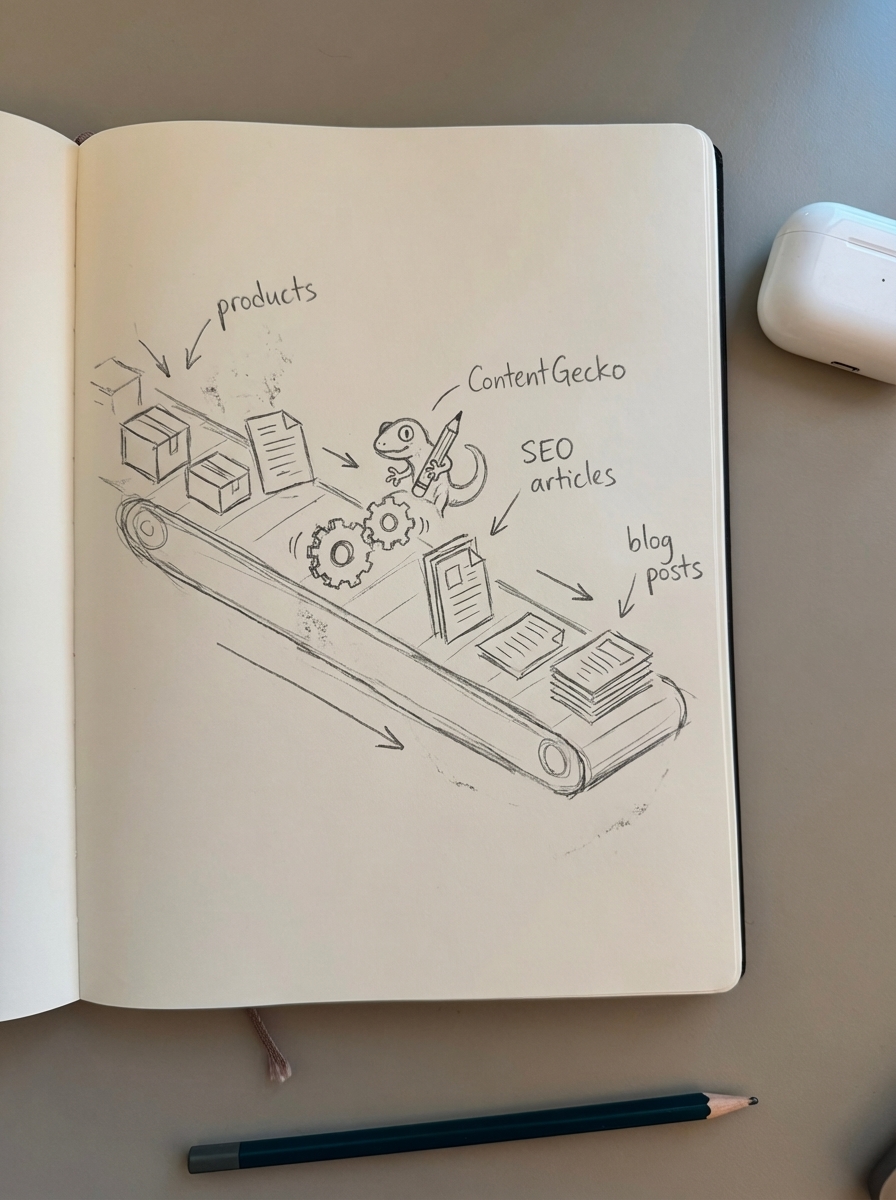 Hand-drawn notebook sketch of a conveyor belt turning WooCommerce products into SEO blog posts automatically