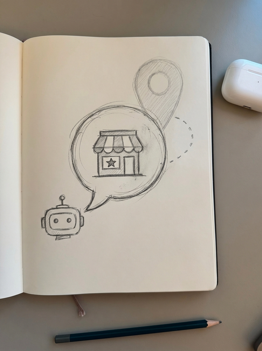 Simple hand-drawn notebook sketch of a local shop icon being highlighted inside an AI chat window, representing local businesses in LLM answers