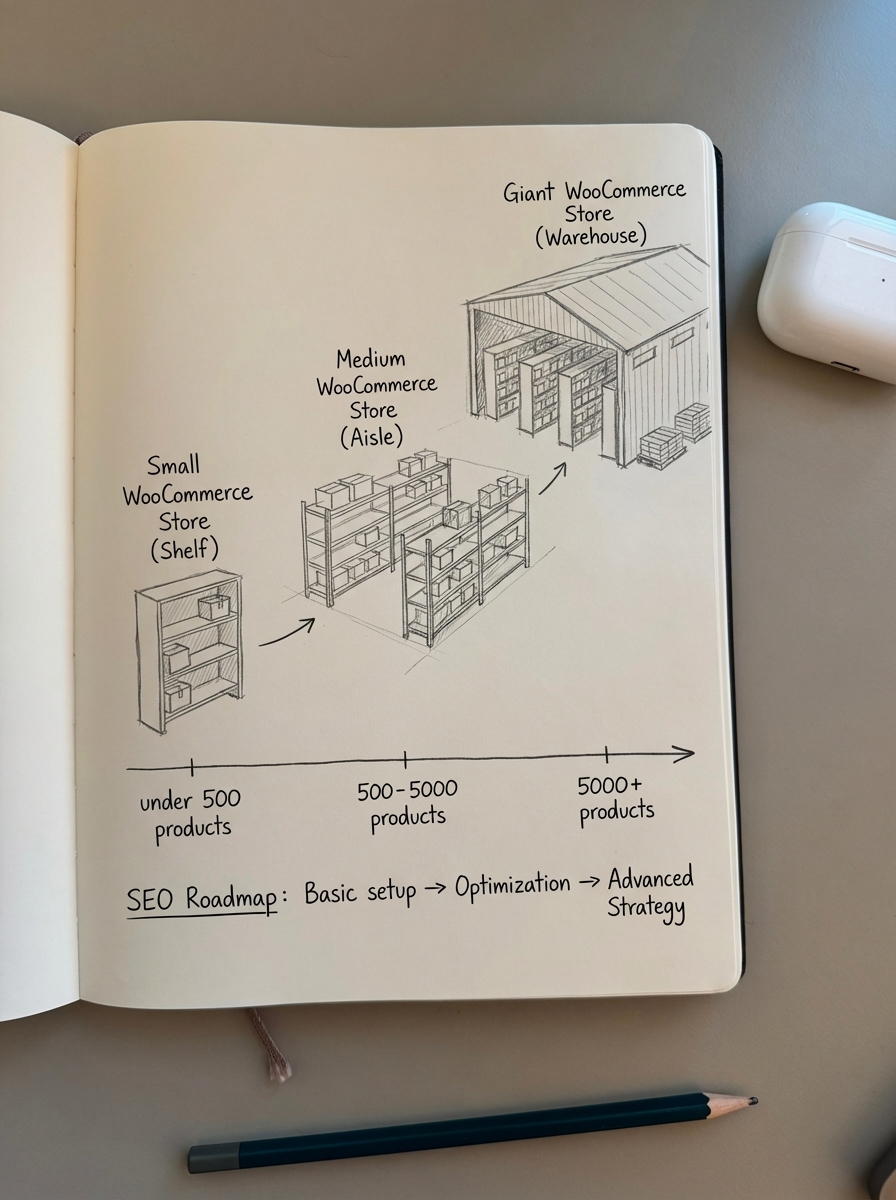 Simple pencil notebook sketch of three WooCommerce stores of different sizes representing small, growing, and large catalogs
