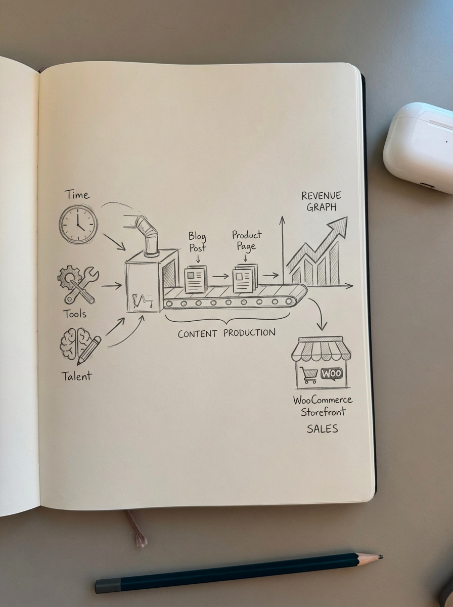 Notebook pencil sketch of WooCommerce content production conveyor turning blog posts into storefront revenue