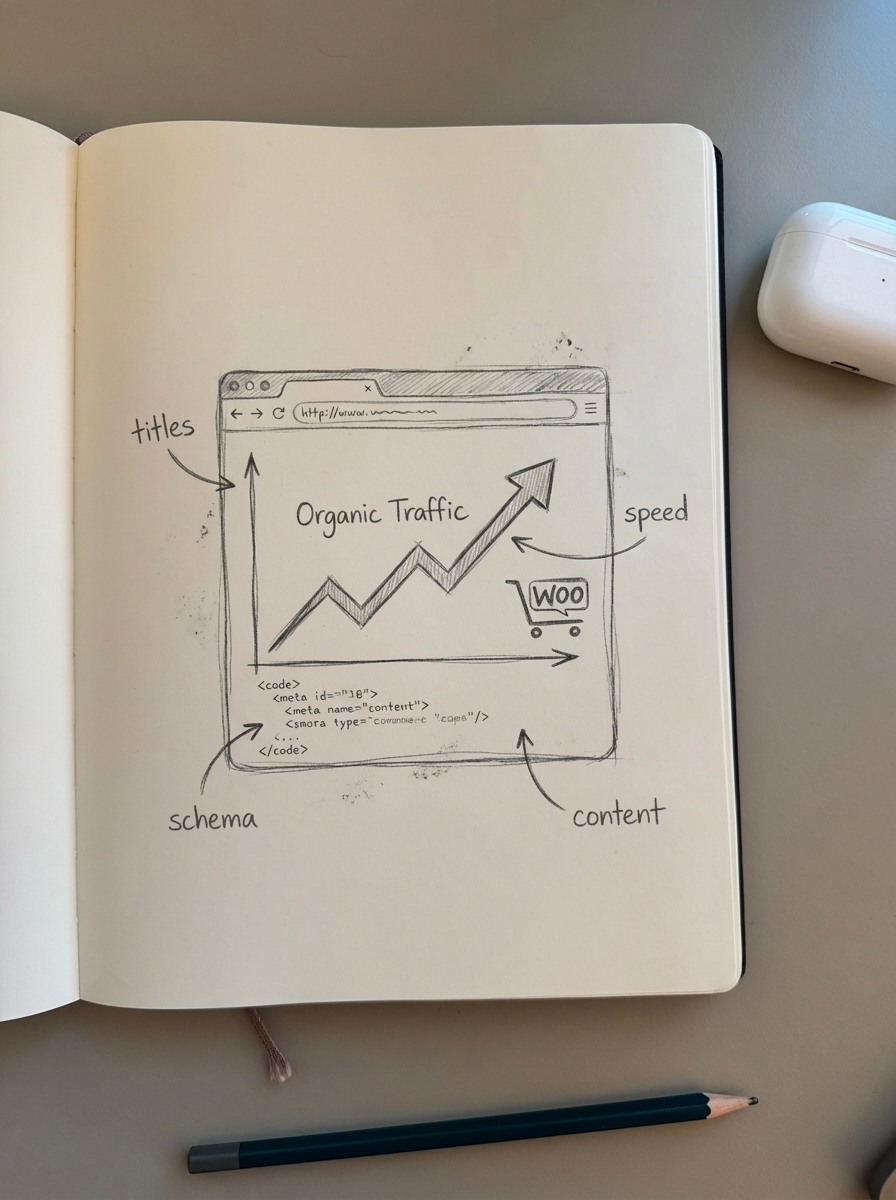 Simple pencil notebook sketch illustrating WooCommerce SEO growth for an online store