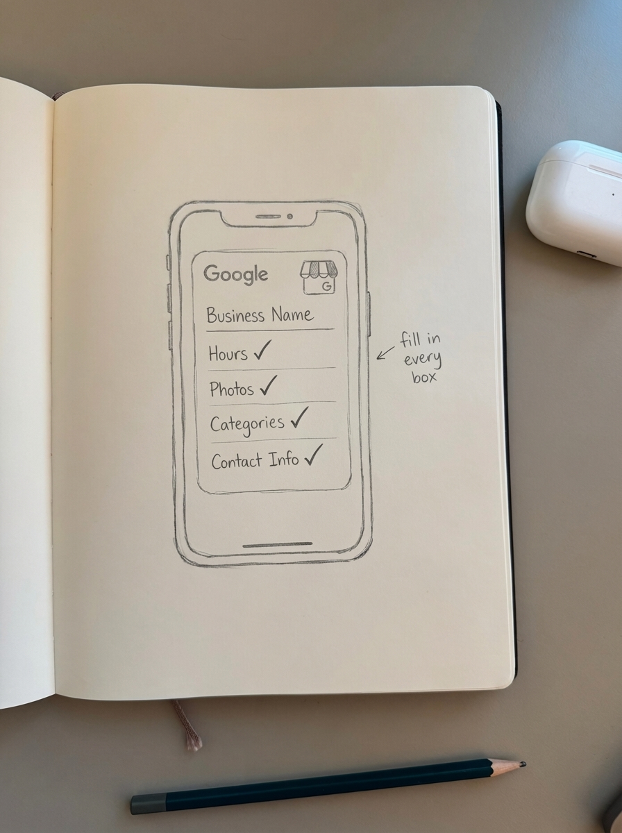 Simple notebook-style pencil drawing of a Google Business Profile card on a smartphone screen for a WooCommerce store