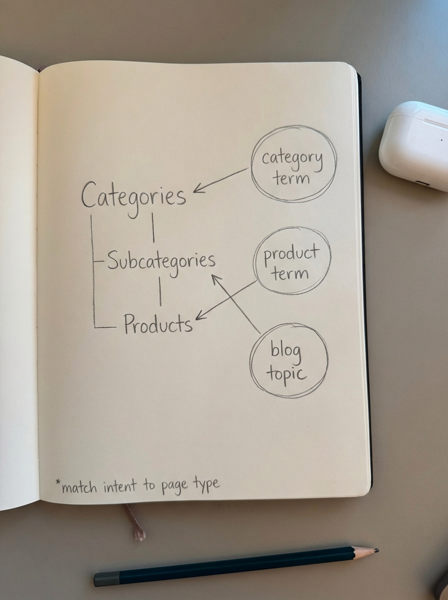 simple notebook-style pencil drawing of a WooCommerce store category tree with clear category and product page hierarchy