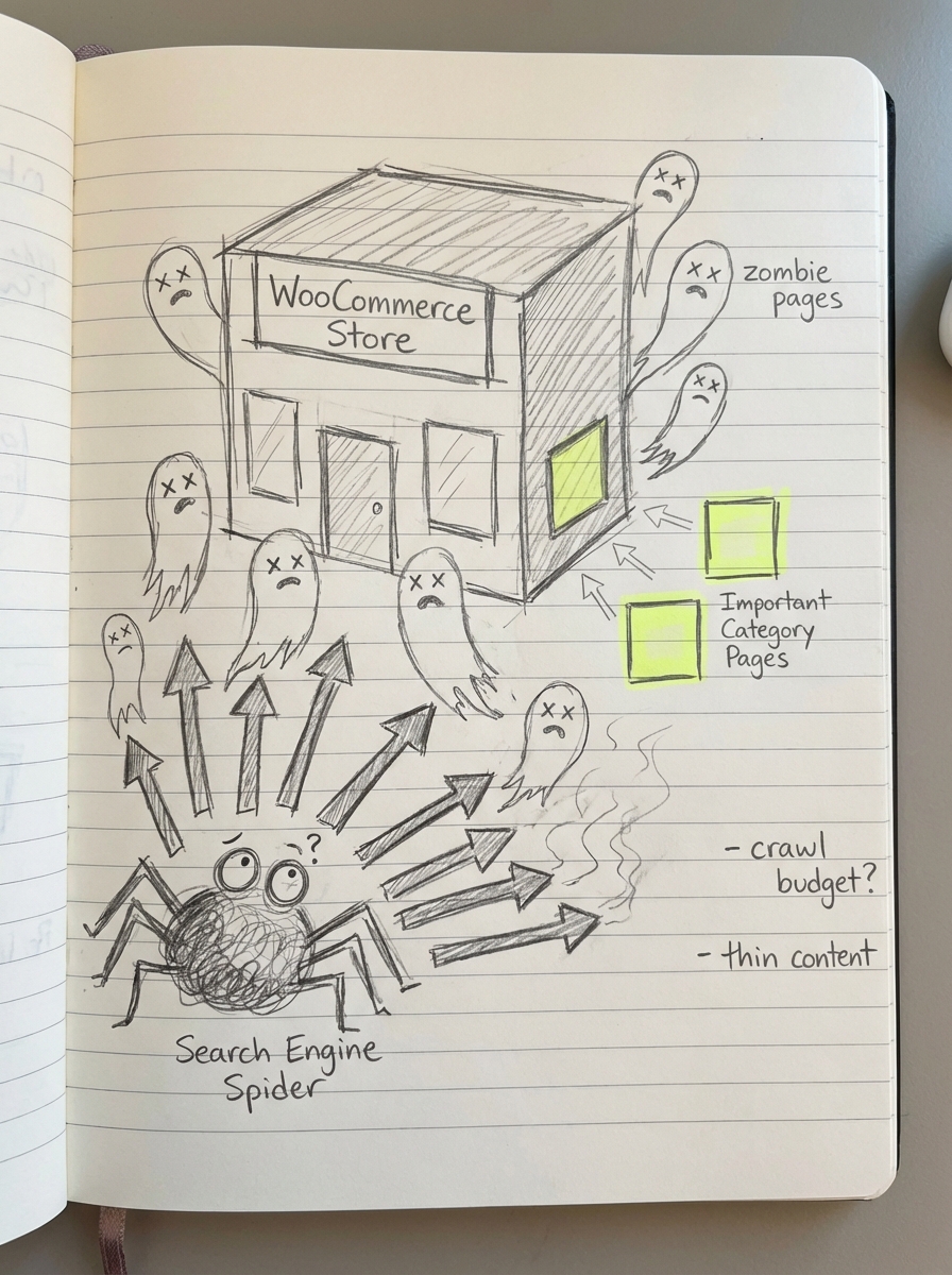 Notebook-style pencil sketch of a WooCommerce storefront surrounded by ghost-like zombie pages wasting crawl budget