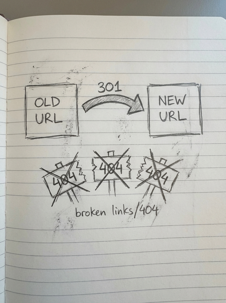 Simple notebook-style pencil diagram showing old URL flowing through a 301 redirect arrow to a new URL