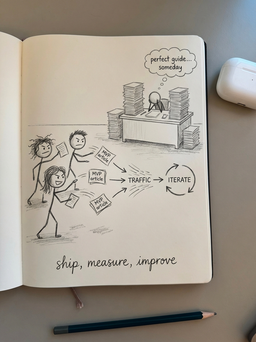 simple notebook-style pencil drawing of a small ecommerce team rapidly launching and iterating blog posts pinned around a product catalog