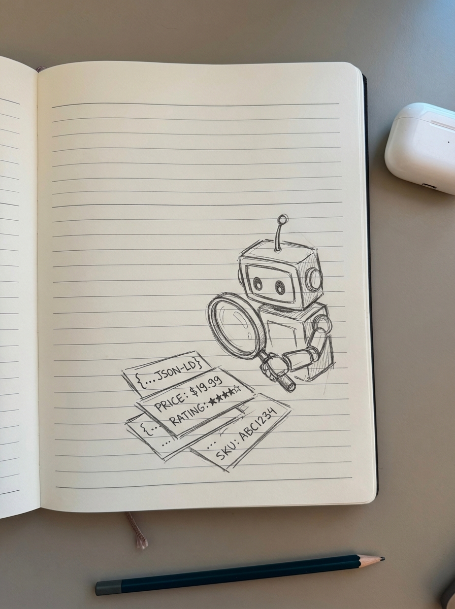 Simple notebook-style pencil sketch of an AI robot using a magnifying glass to inspect website metadata