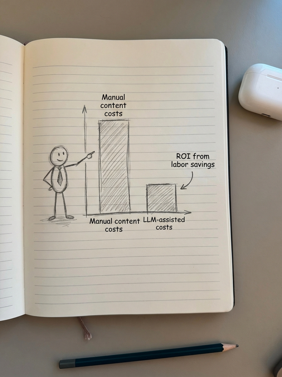 Simple notebook-style pencil drawing of an ecommerce manager comparing two ROI bars labeled manual content vs LLM-powered content