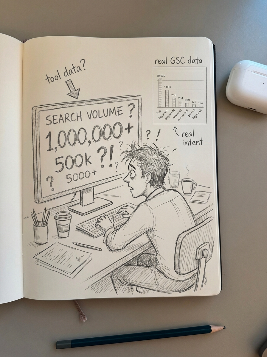 simple notebook-style pencil drawing of an overwhelmed ecommerce manager staring at messy keyword charts and search volume graphs