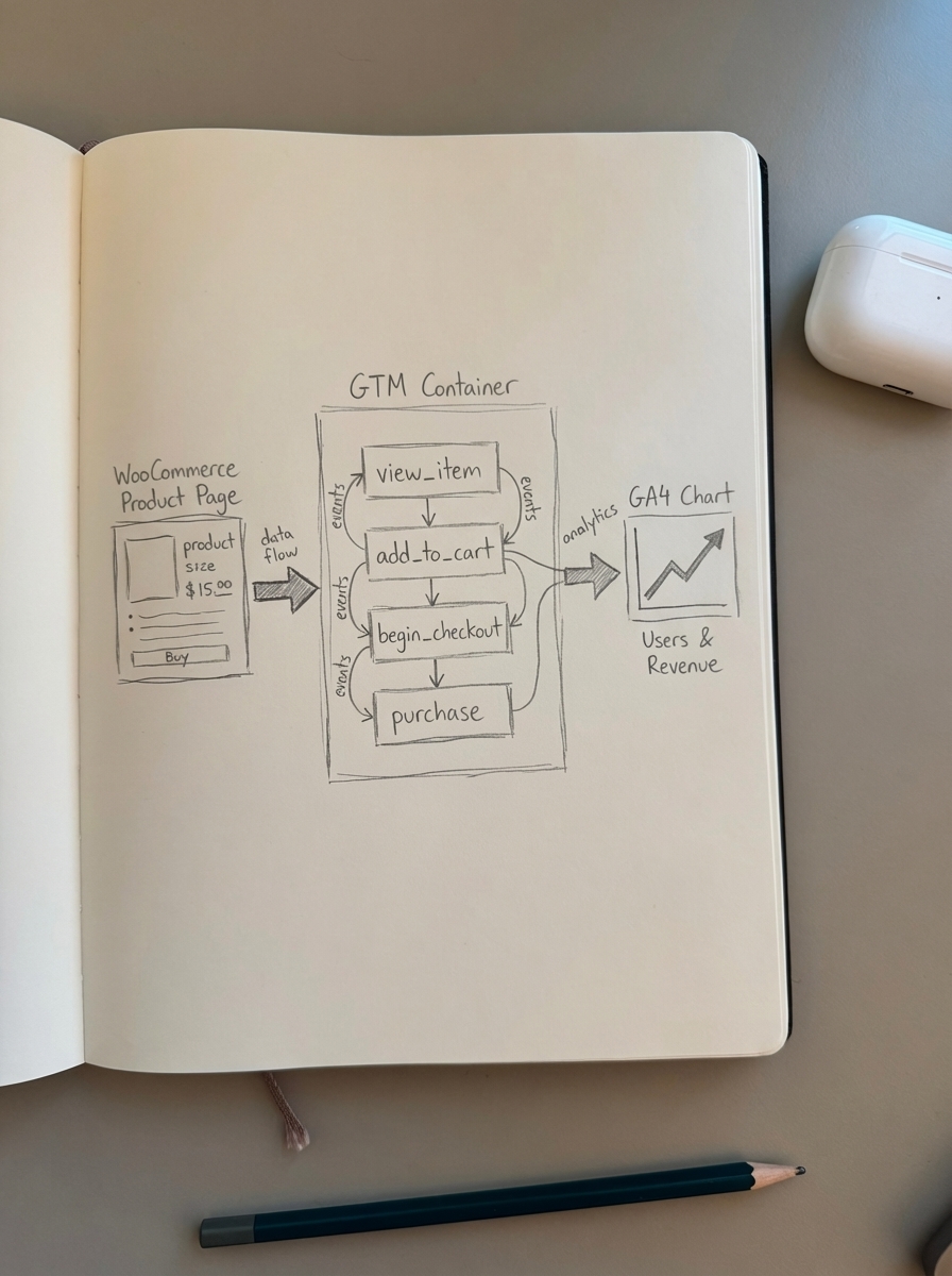 Simple notebook-style pencil sketch of the Google Tag Manager interface wiring events from a WooCommerce store into GA4