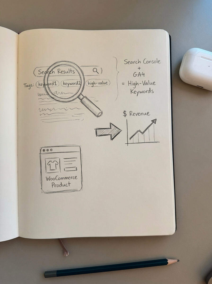 Simple notebook-style pencil drawing of a magnifying glass over search results, connecting keywords to eCommerce revenue data