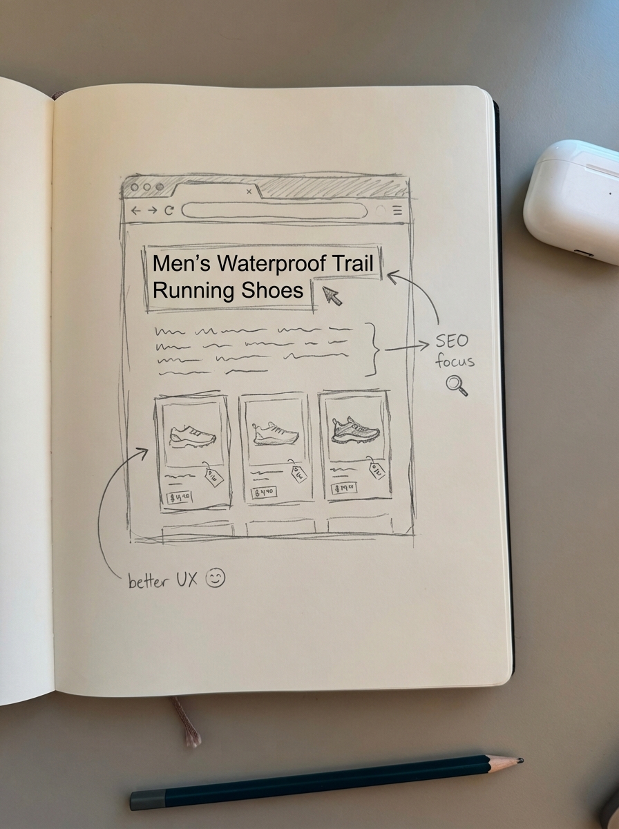 Notebook-style pencil sketch of a WooCommerce category page titled Men’s Waterproof Trail Running Shoes highlighting UX and SEO focus.