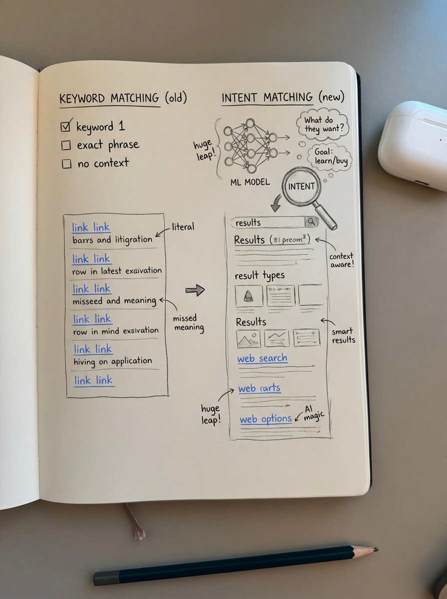 Simple notebook sketch comparing old keyword matching SEO with new machine learning intent matching in search results