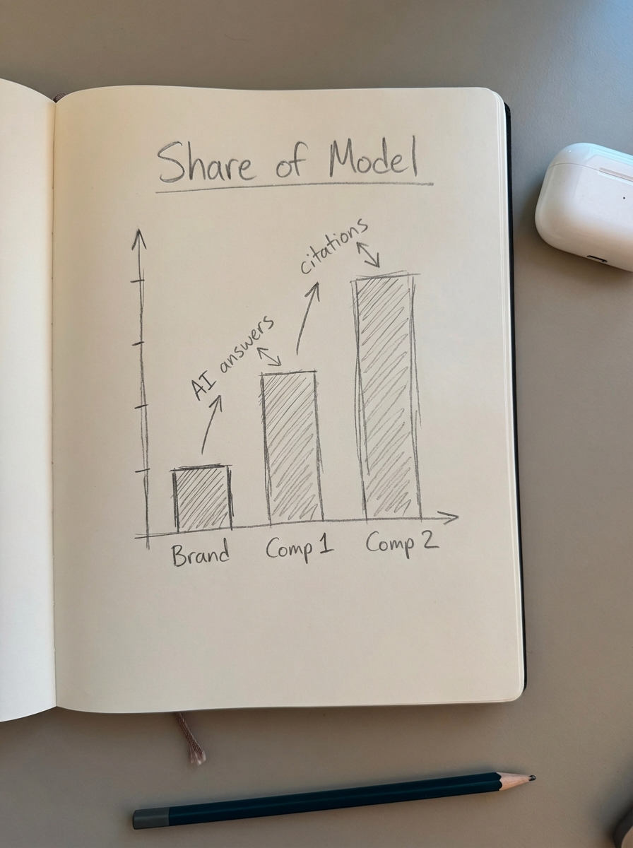 Simple notebook-style pencil drawing of a bar chart titled Share of Model for LLMO brand visibility audit
