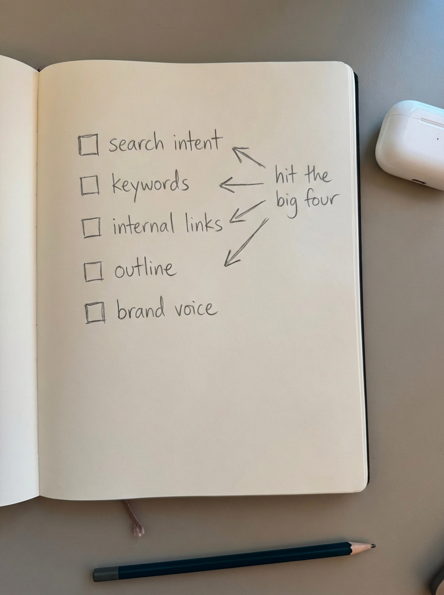 simple notebook-style pencil drawing checklist for content brief showing search intent keywords internal links outline and brand voice