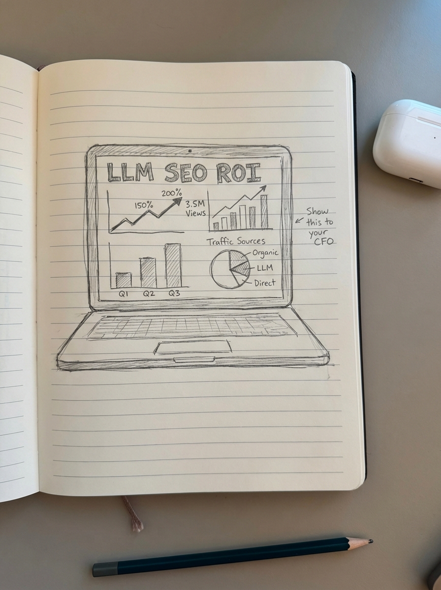 Simple pencil notebook drawing of an ecommerce SEO dashboard on a laptop showing traffic, revenue and ROI widgets