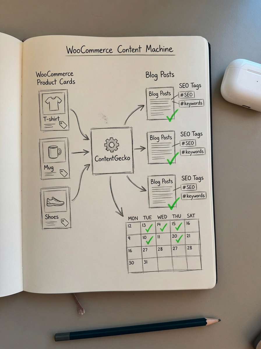 Simple notebook-style pencil drawing of an automated WooCommerce content machine feeding into a blog content calendar.
