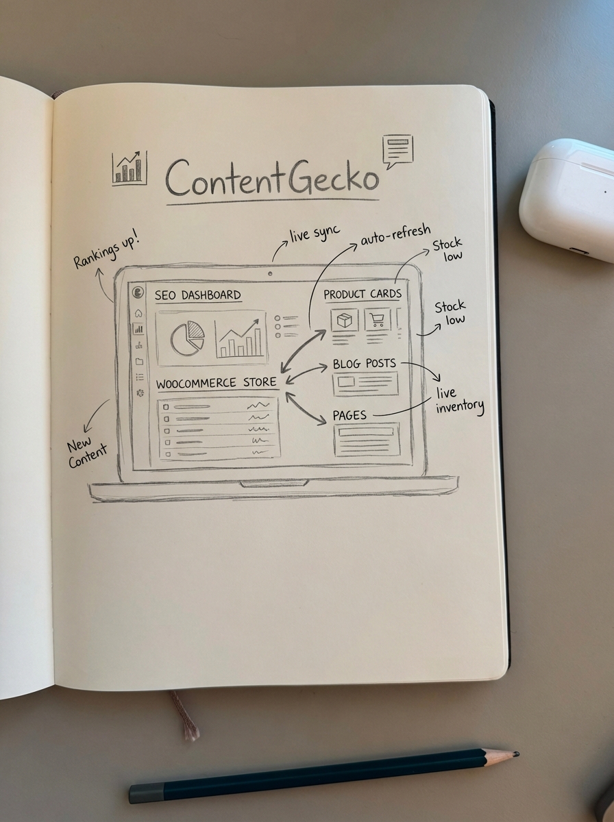 Notebook-style pencil sketch of an ecommerce SEO dashboard connected to a WooCommerce catalog showing automated content updates