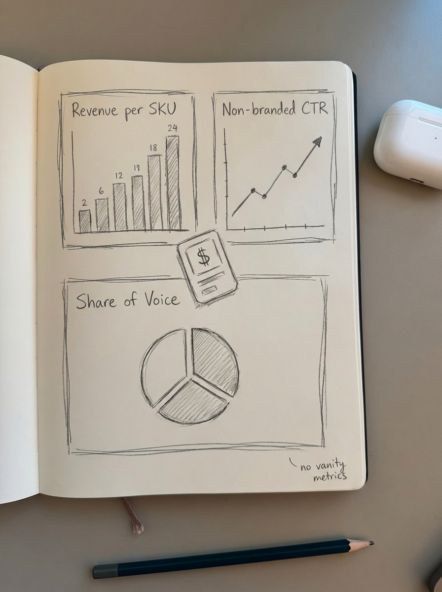 Notebook-style pencil drawing of an ecommerce SEO dashboard with revenue per SKU, non-branded CTR, and share of voice charts
