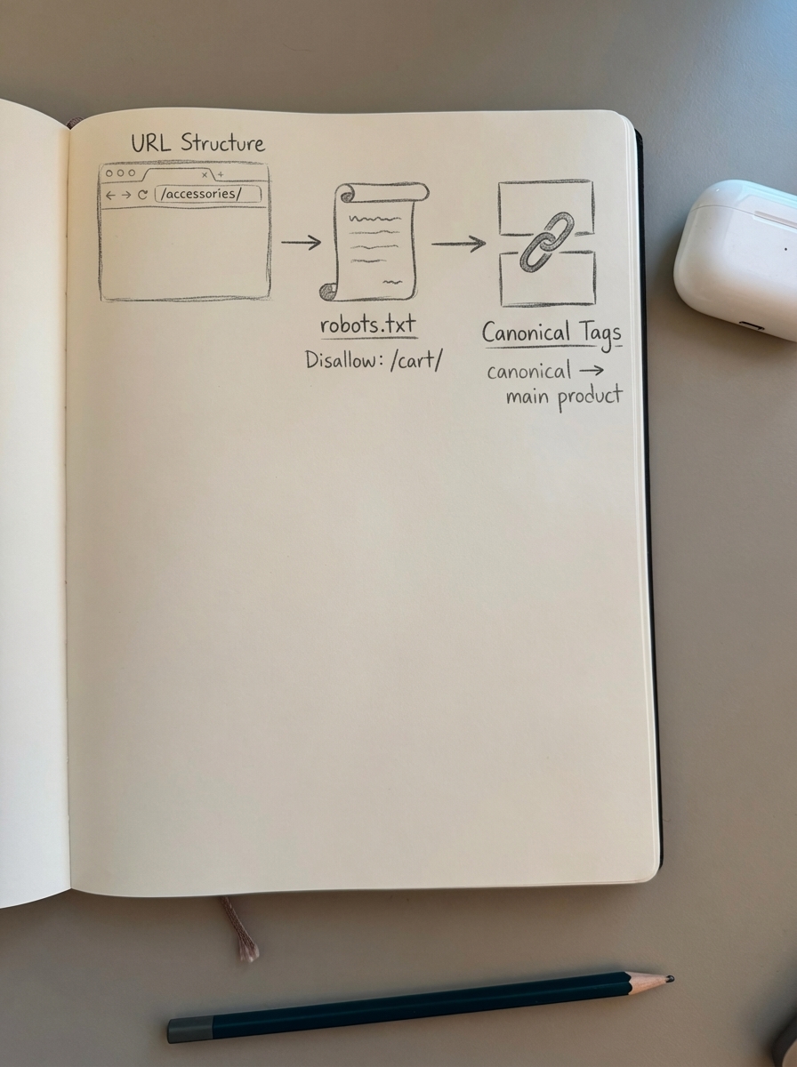 Notebook-style pencil drawing of WooCommerce technical SEO settings like URLs, robots.txt, and schema, summarizing site configuration work