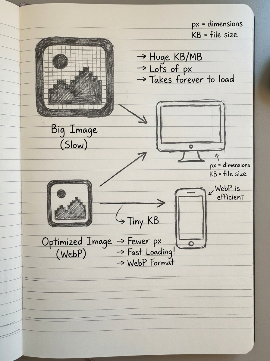 Notebook-style pencil drawing showing image dimensions and file size tradeoffs for WooCommerce product photos