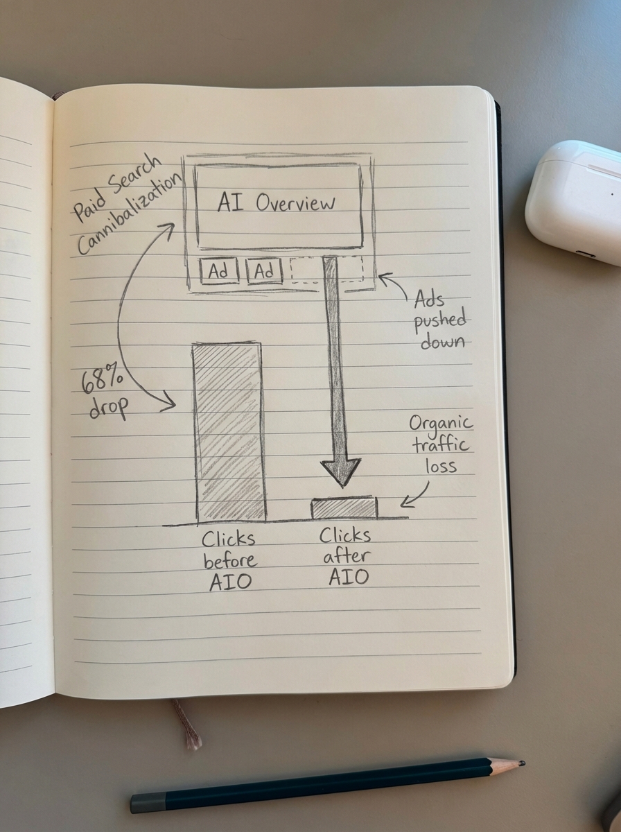 Notebook-style pencil drawing showing paid search ads pushed down the page by a large AI Overview box, with arrows indicating falling CTR and rising CPC