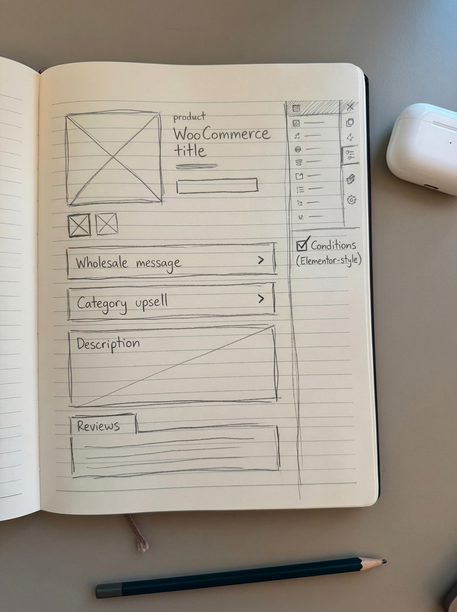 Simple notebook drawing of a WooCommerce product page layout with conditional sections like wholesale message and category upsell