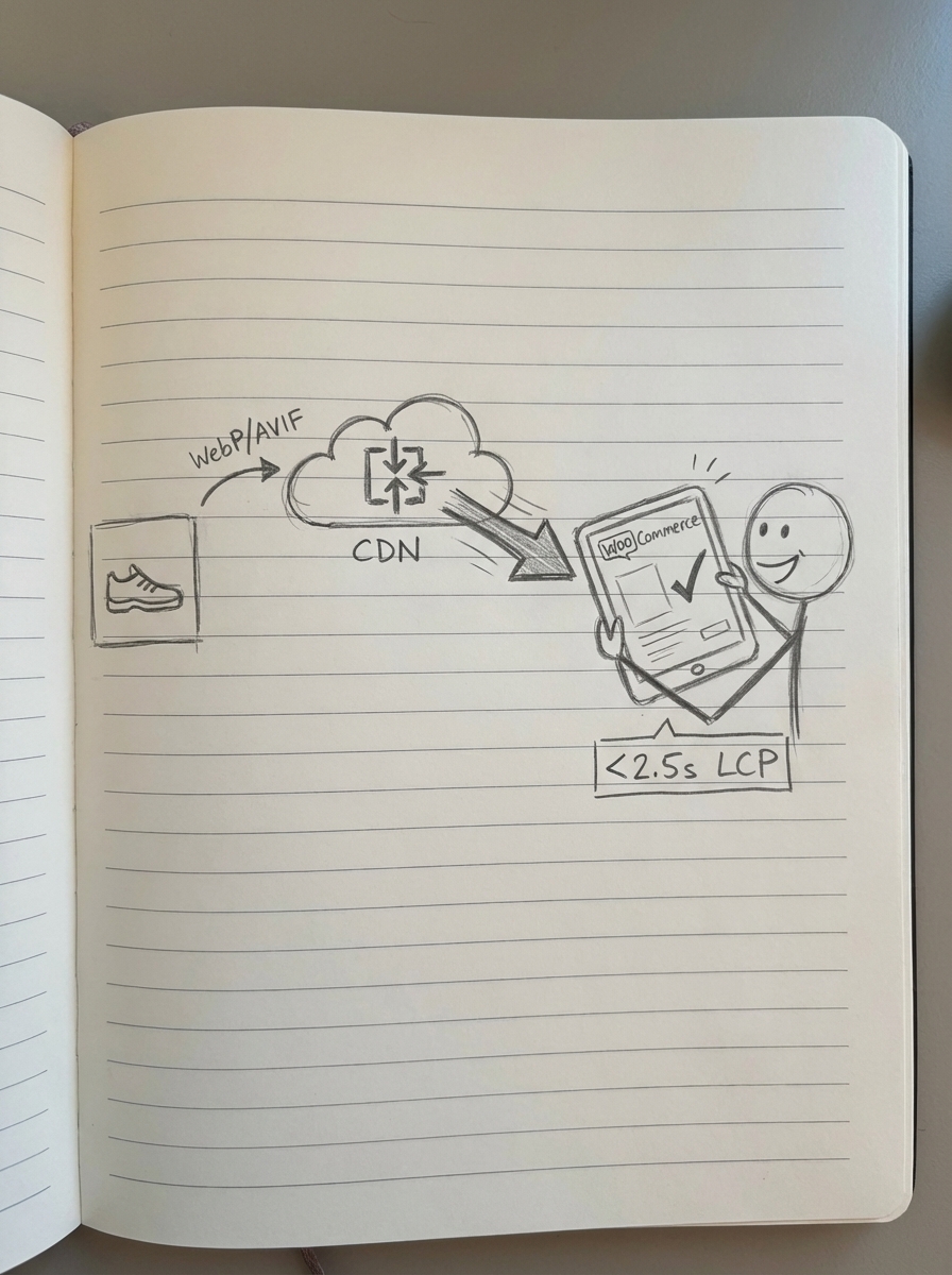 Notebook-style pencil sketch showing a product image sent as WebP or AVIF through a CDN to a happy shopper on a phone with a label under 2.5s LCP.
