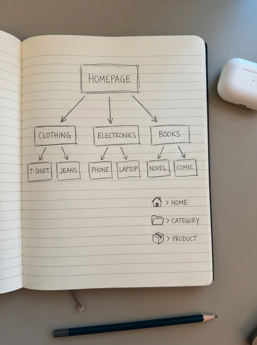 Simple pencil drawing of an online store site map with homepage, category pages and product pages illustrating WooCommerce site architecture.