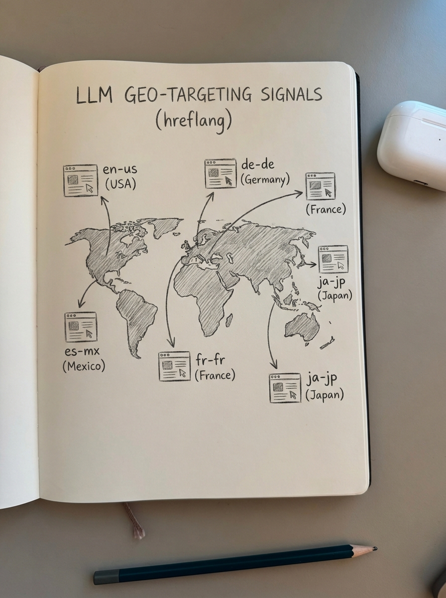 Notebook-style pencil sketch of a world map with hreflang-based arrows connecting regional website versions