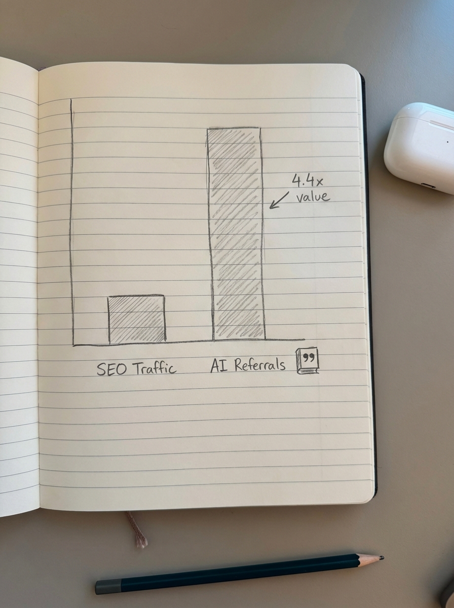 Notebook-style pencil drawing of an ecommerce analytics dashboard highlighting AI referral traffic and high-intent conversions