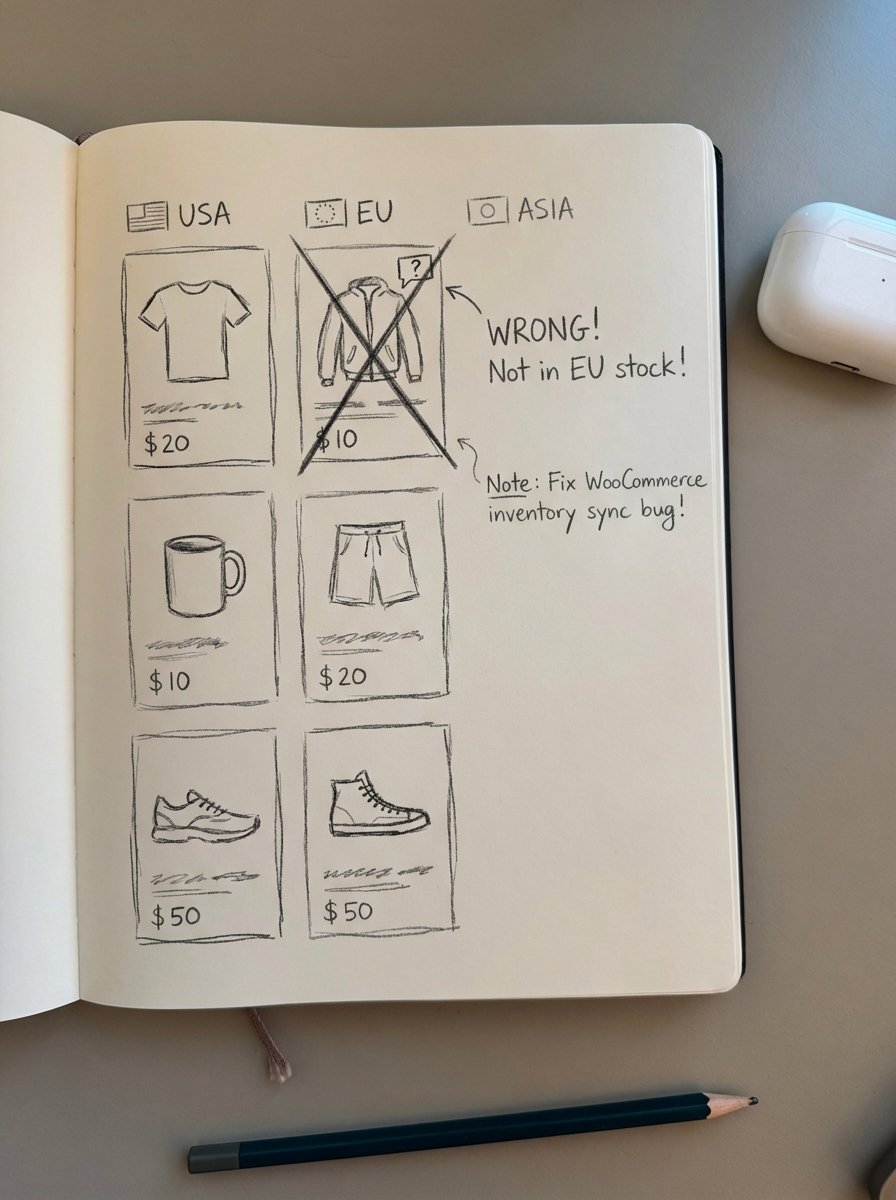 Notebook-style pencil sketch of a WooCommerce product catalog with regions and prices showing a wrong availability in the EU