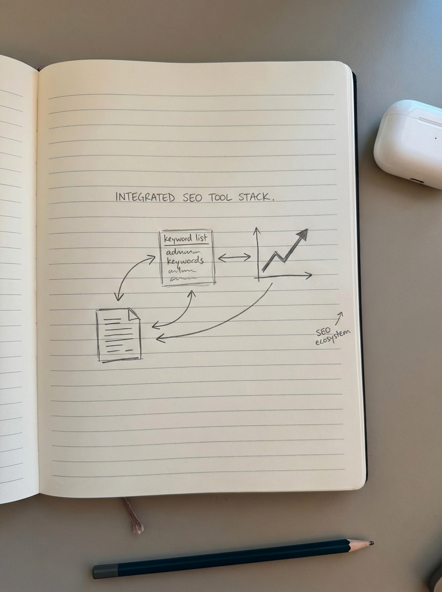 Notebook-style pencil sketch of interconnected SEO tools represented as simple icons linked together