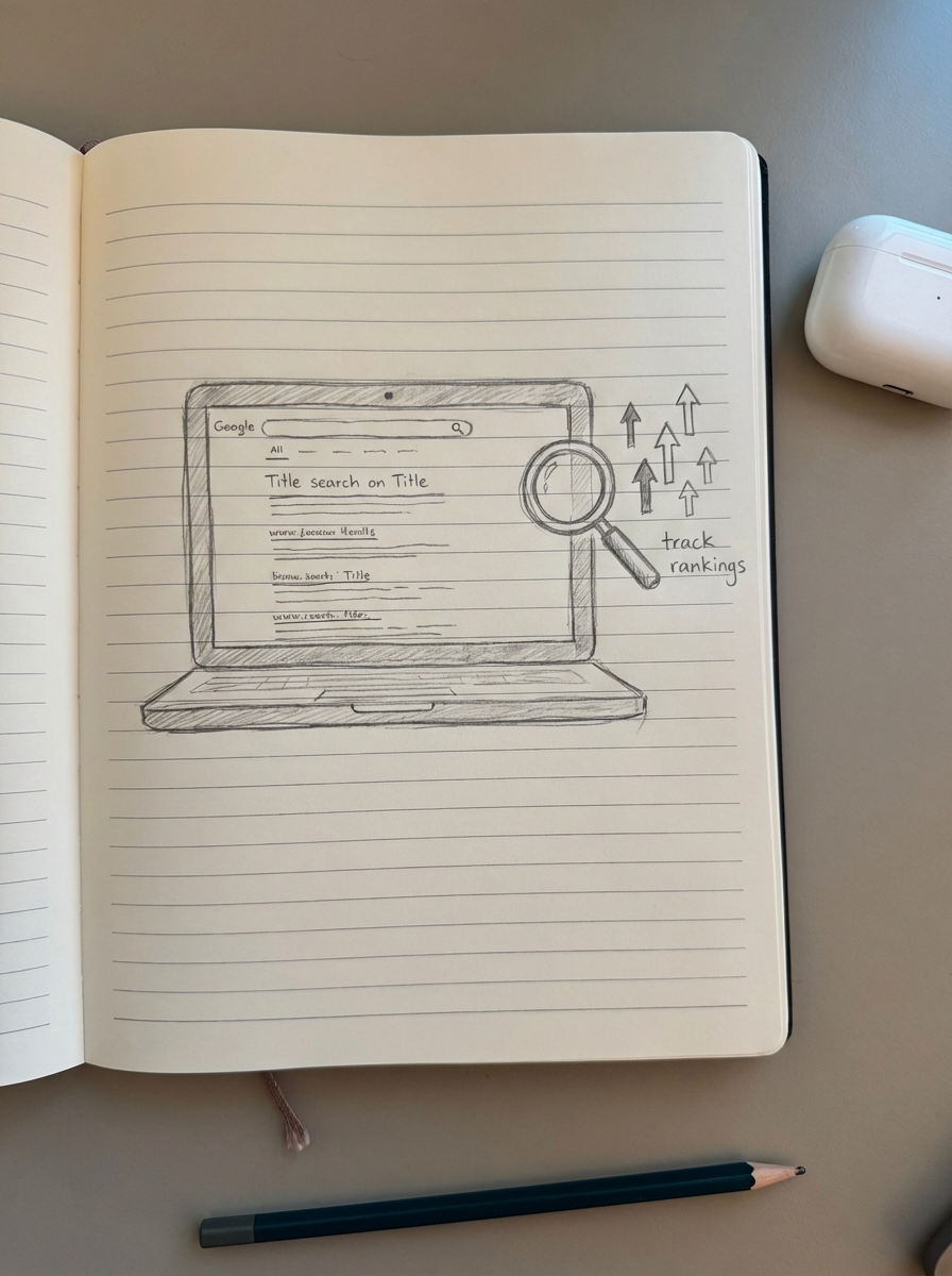 Simple notebook-style pencil drawing of a laptop screen showing keyword rankings and SEO graphs