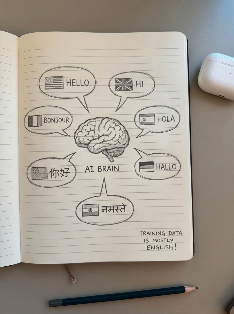 Notebook-style pencil drawing of an AI brain handling multiple languages and highlighting English-dominant training data