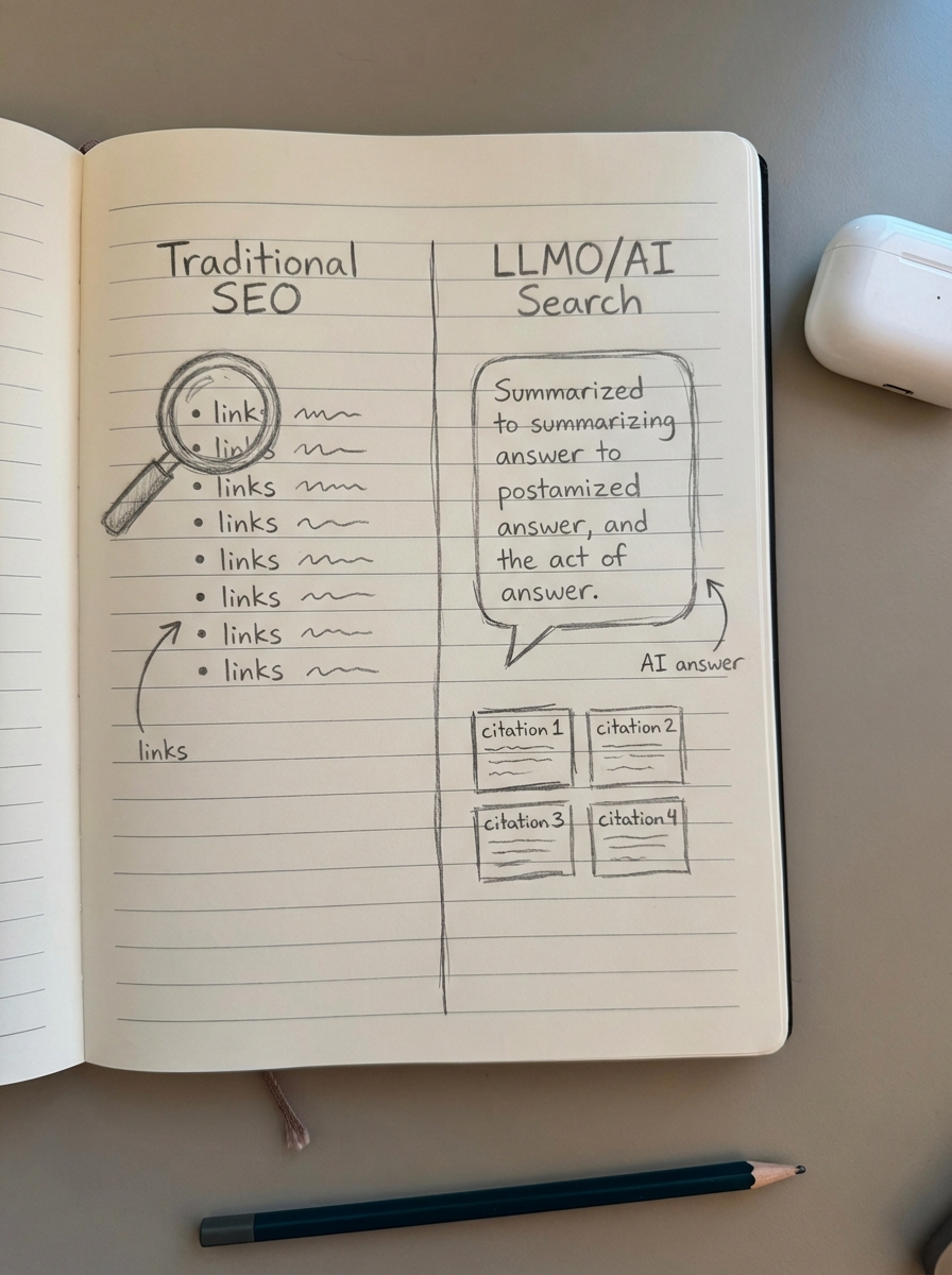 Notebook-style pencil drawing comparing traditional SEO results on one side with conversational LLM search answers on the other