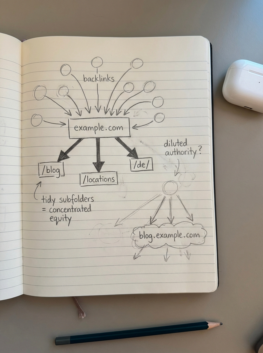 Simple pencil diagram showing backlinks flowing into a main domain and cascading through tidy subfolders instead of a separate blog subdomain.