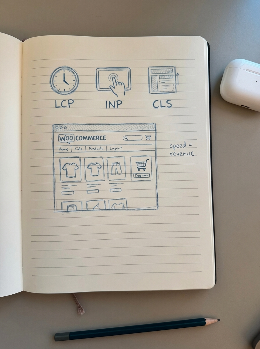 Simple notebook-style pencil sketch showing LCP, INP, and CLS icons above a WooCommerce storefront with the note 'speed = revenue'.