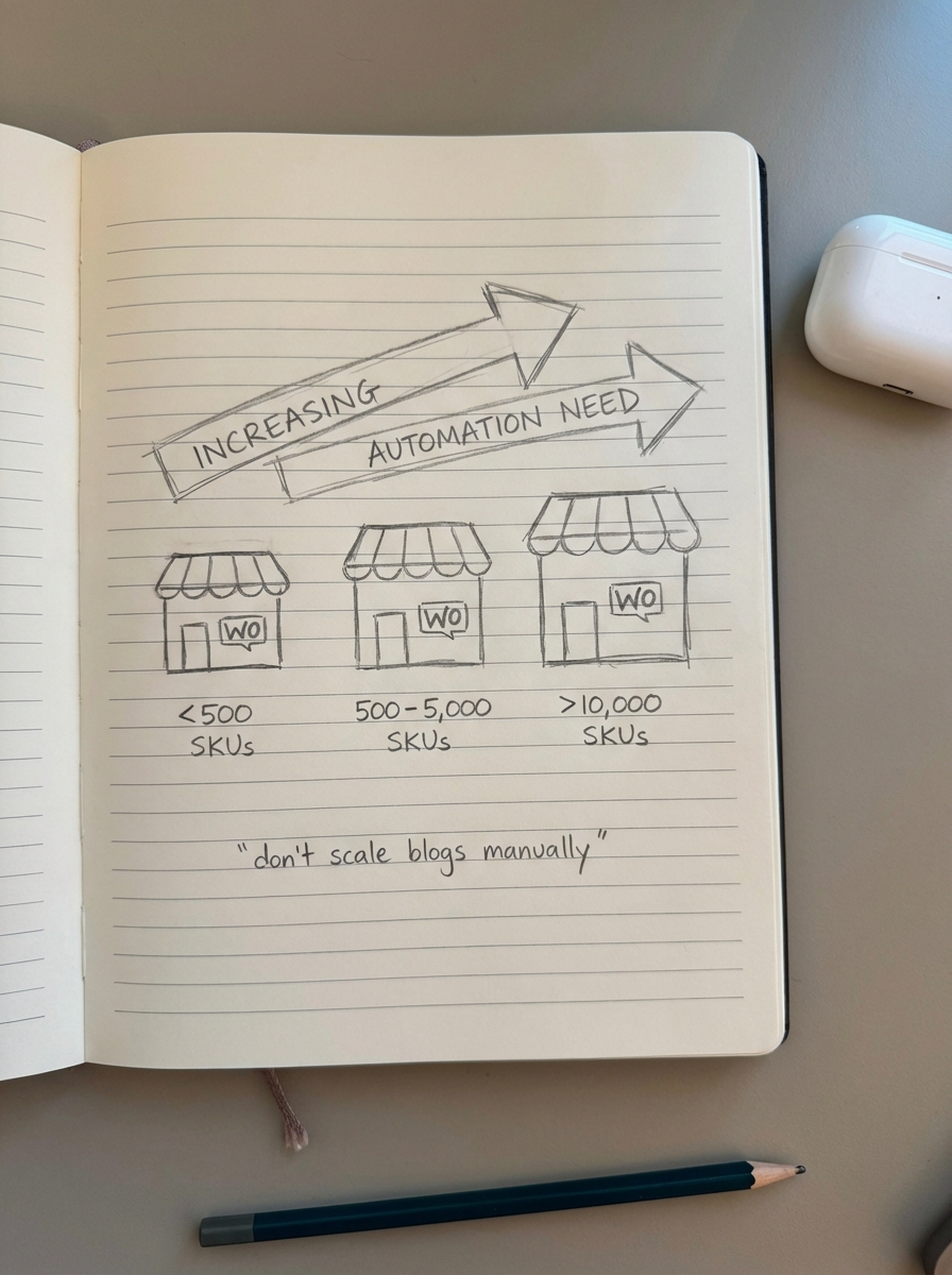 Hand-drawn notebook sketch of three WooCommerce stores at different SKU levels with an arrow showing increasing automation need