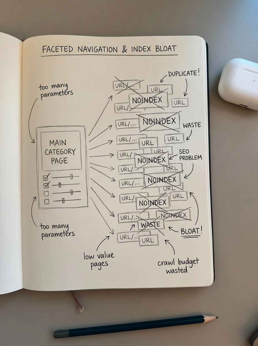 Notebook-style pencil drawing of WooCommerce faceted navigation generating many parameter URLs with noindex labels and index bloat