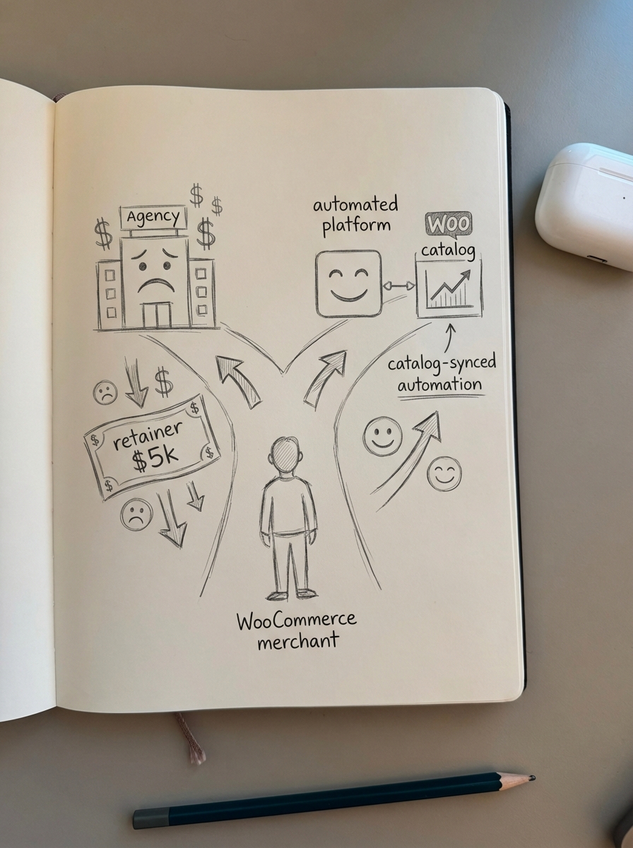 Notebook-style pencil drawing of a WooCommerce merchant comparing two outsourcing paths, agency versus automation platform, with rough hand-drawn labels and side notes.
