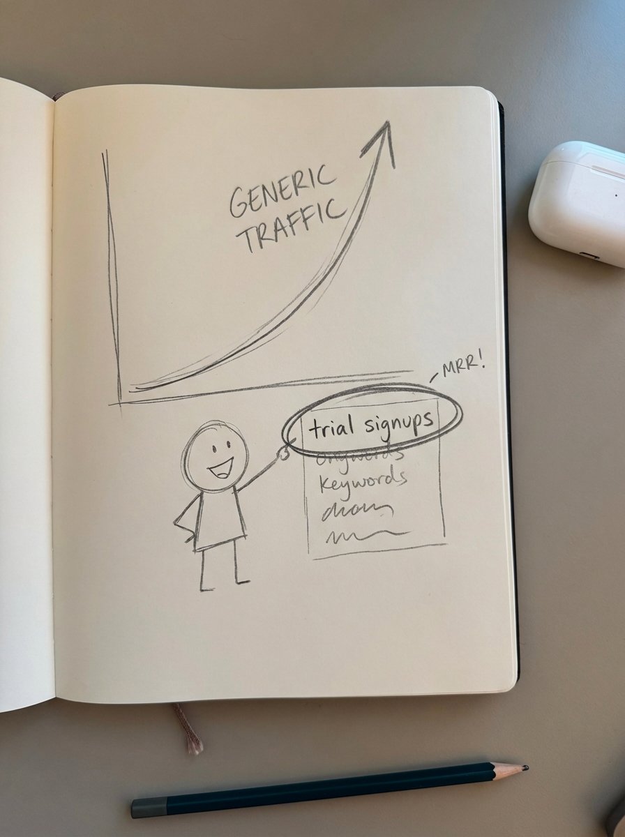 simple notebook-style pencil sketch of a SaaS marketer ignoring big generic traffic graphs and focusing on high-intent signups