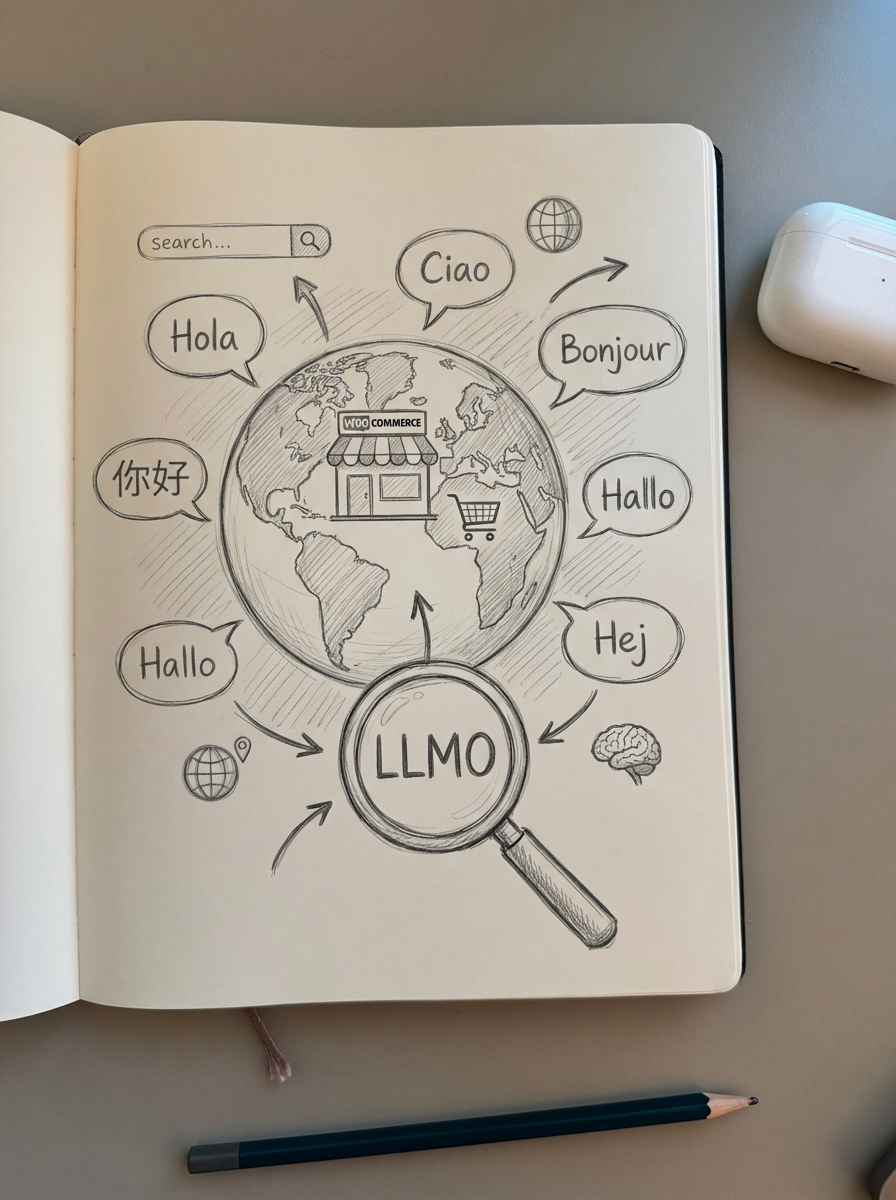 Simple notebook-style pencil sketch of a WooCommerce storefront on a globe with multiple language icons, illustrating multilingual AI search