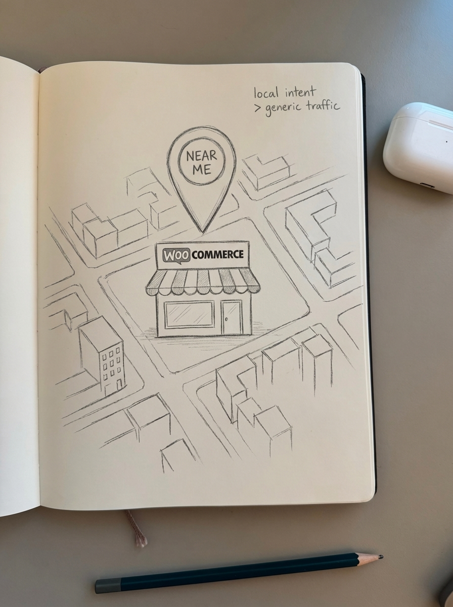 Simple notebook-style pencil sketch of a WooCommerce storefront pinned on a city map to illustrate local SEO targeting