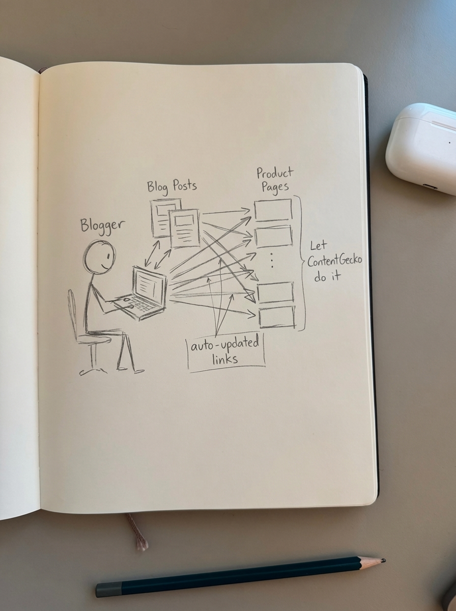 Notebook-style pencil sketch of a blogger at a laptop with arrows pointing from blog content to updated product URLs