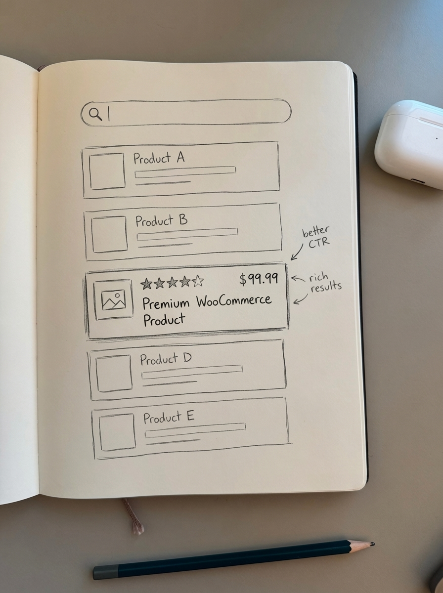 Simple notebook-style pencil sketch of a Google search results page highlighting low CTR on a WooCommerce listing