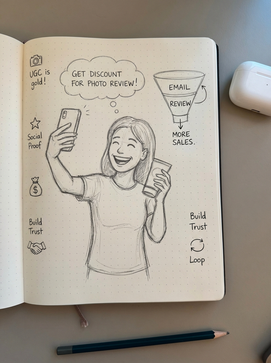 Notebook-style pencil sketch of a happy ecommerce customer taking a selfie with a delivery box, thinking about a discount for leaving a photo review.