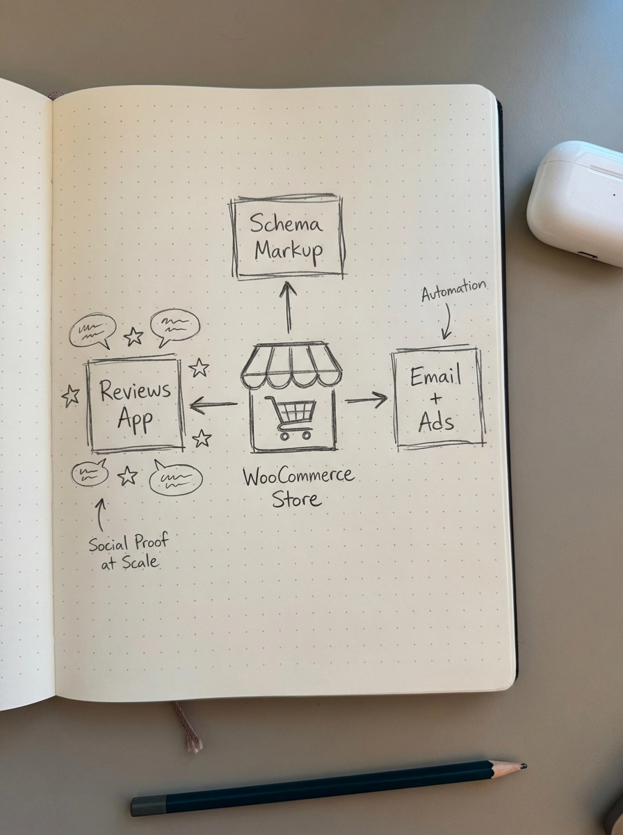 Notebook-style pencil sketch overview of a WooCommerce UGC tech stack with a store icon connected to a reviews app, schema markup, and automated email and ads.