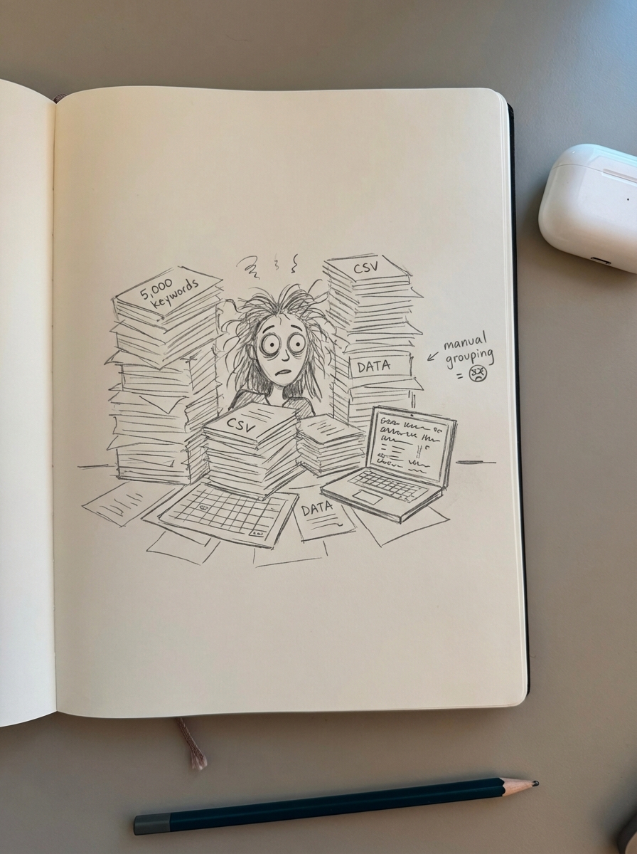 Notebook-style pencil sketch of a frazzled marketer buried in keyword spreadsheets and pivot tables
